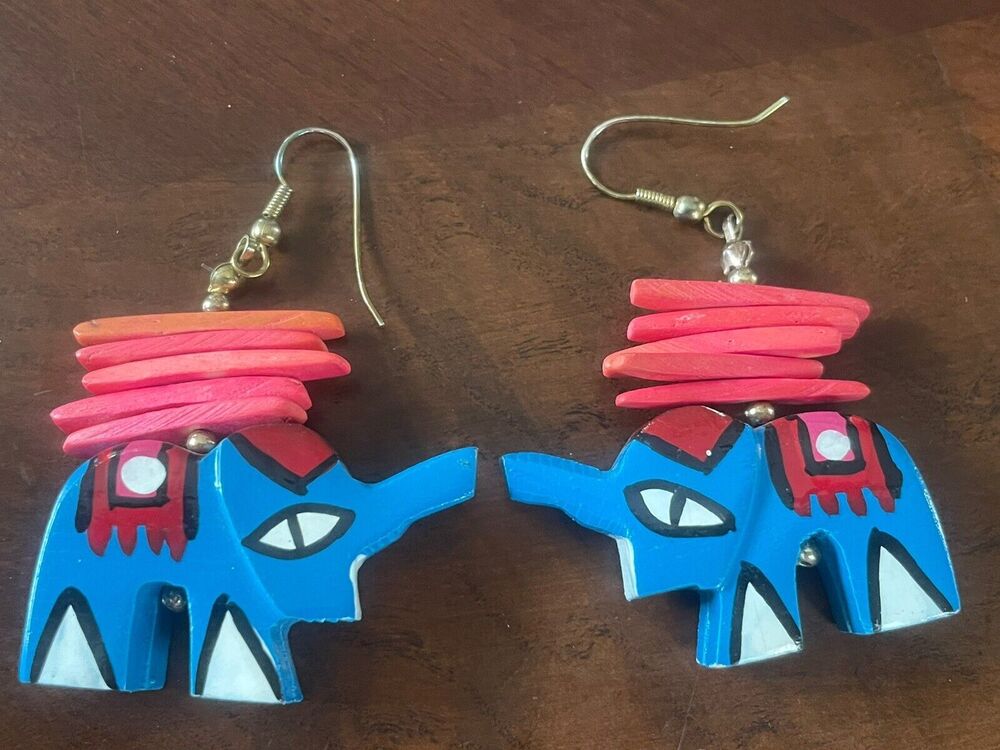 Wood Handpainted Elephant Dangle Drop Earrings
